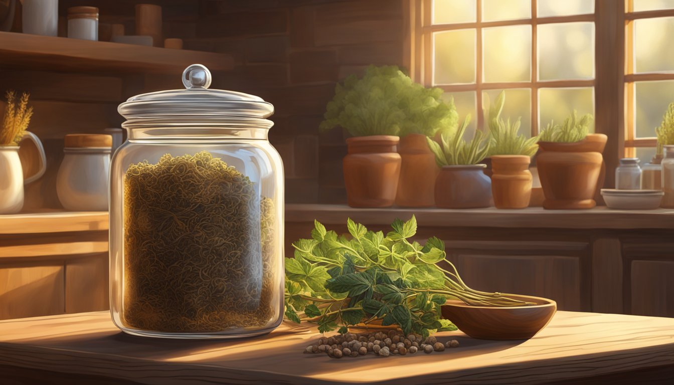 A jar of dried horehound sits on a wooden shelf in a rustic kitchen, surrounded by other herbs and spices. The warm glow of sunlight streams through a nearby window, casting a soft, golden light on the jar