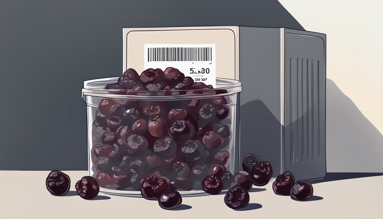 A pile of dried cherries in a sealed container, with a visible expiration date label and a few cherries starting to shrivel and mold