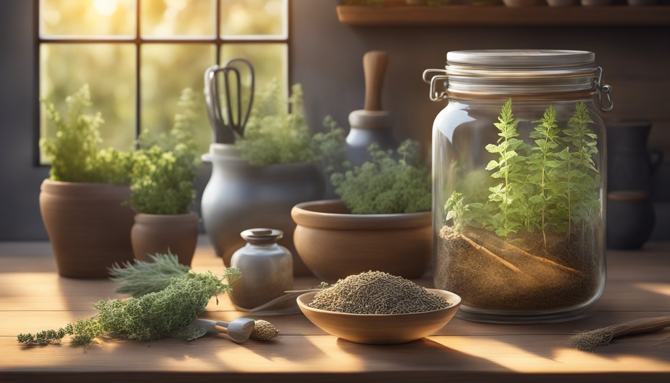 A jar of dried horehound sits on a wooden shelf, surrounded by bundles of herbs and foraging tools. Sunlight filters through a nearby window, casting a warm glow on the rustic scene