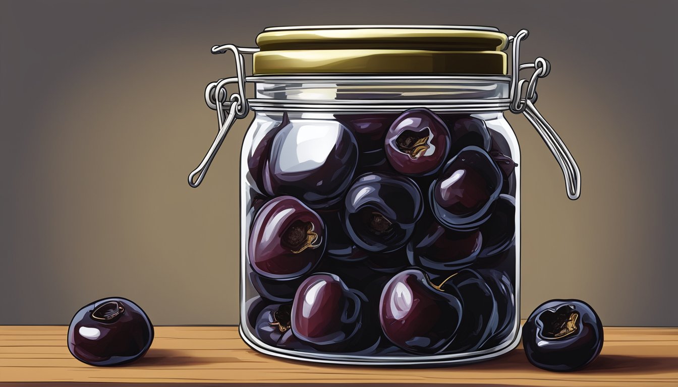 A jar of dried cherries sealed with a lid, placed in a cool, dark pantry