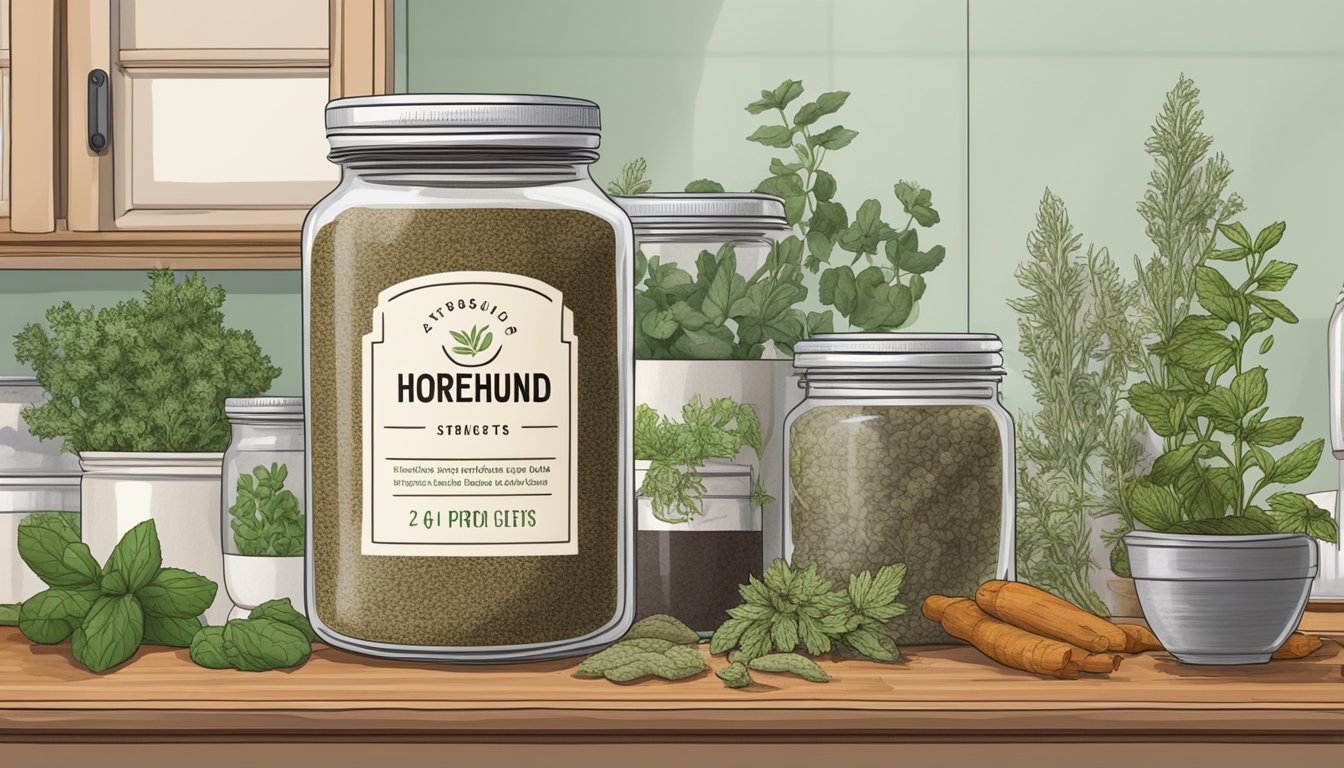 A jar of dried horehound sits on a kitchen shelf, surrounded by other herbs and spices. The label indicates the expiration date