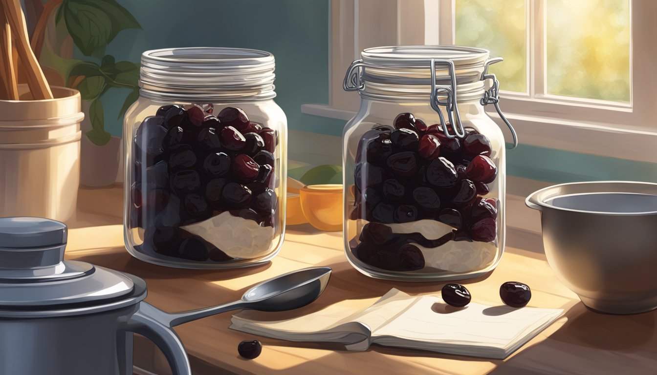 A jar of dried cherries sits on a kitchen counter, next to a measuring spoon and a recipe book. Sunlight streams in through the window, casting a warm glow over the scene