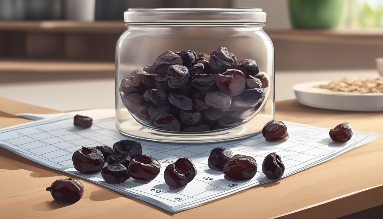 A pile of dried cherries sits in a glass jar on a kitchen counter, with a calendar showing the current date in the background