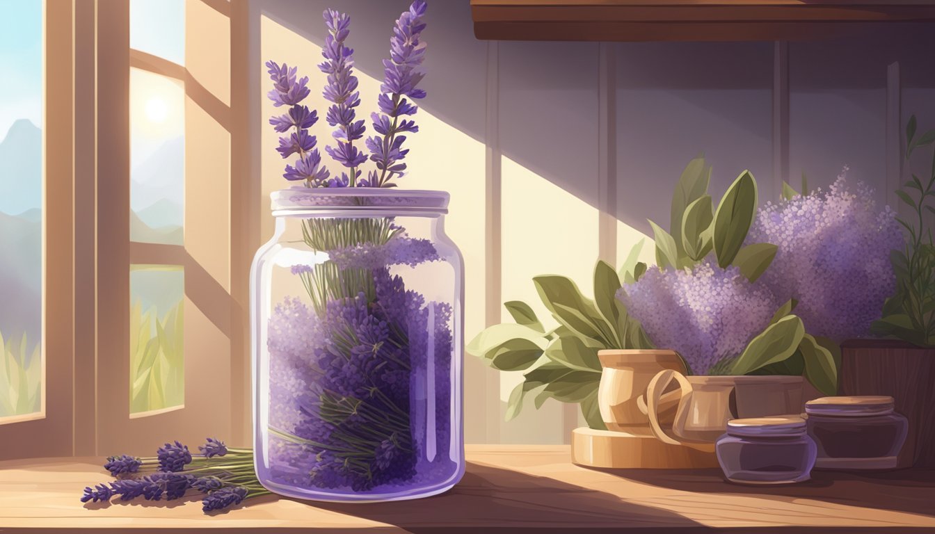 A glass jar filled with fragrant dried lavender sits on a wooden shelf, surrounded by other dried herbs and flowers. Sunlight filters through a nearby window, casting a warm glow on the scene