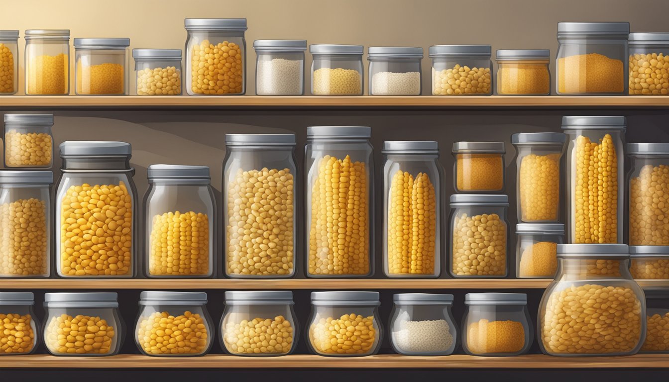 A pantry shelf with neatly stacked jars of dried corn, surrounded by cool, dry air and away from direct sunlight