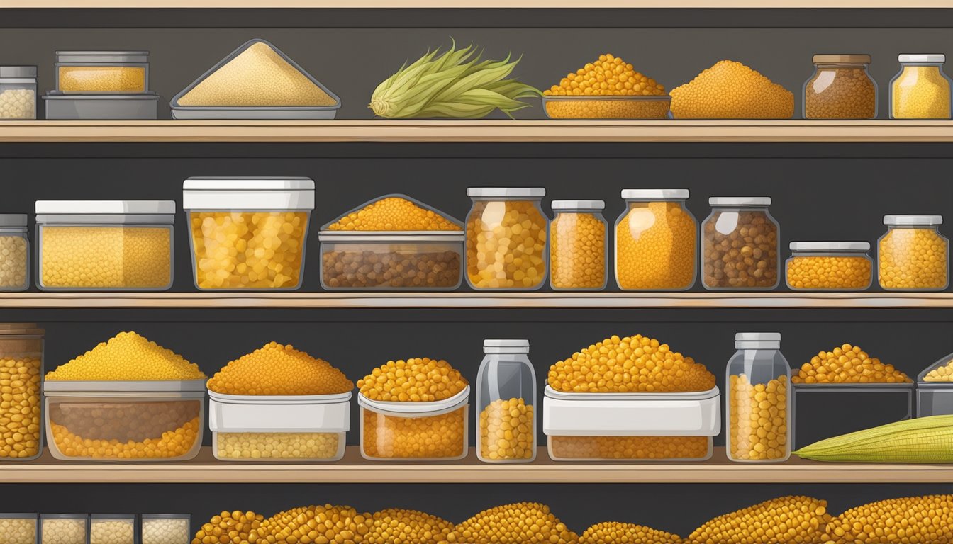 A pile of dried corn is stored in a sealed container on a shelf, surrounded by other preserved foods