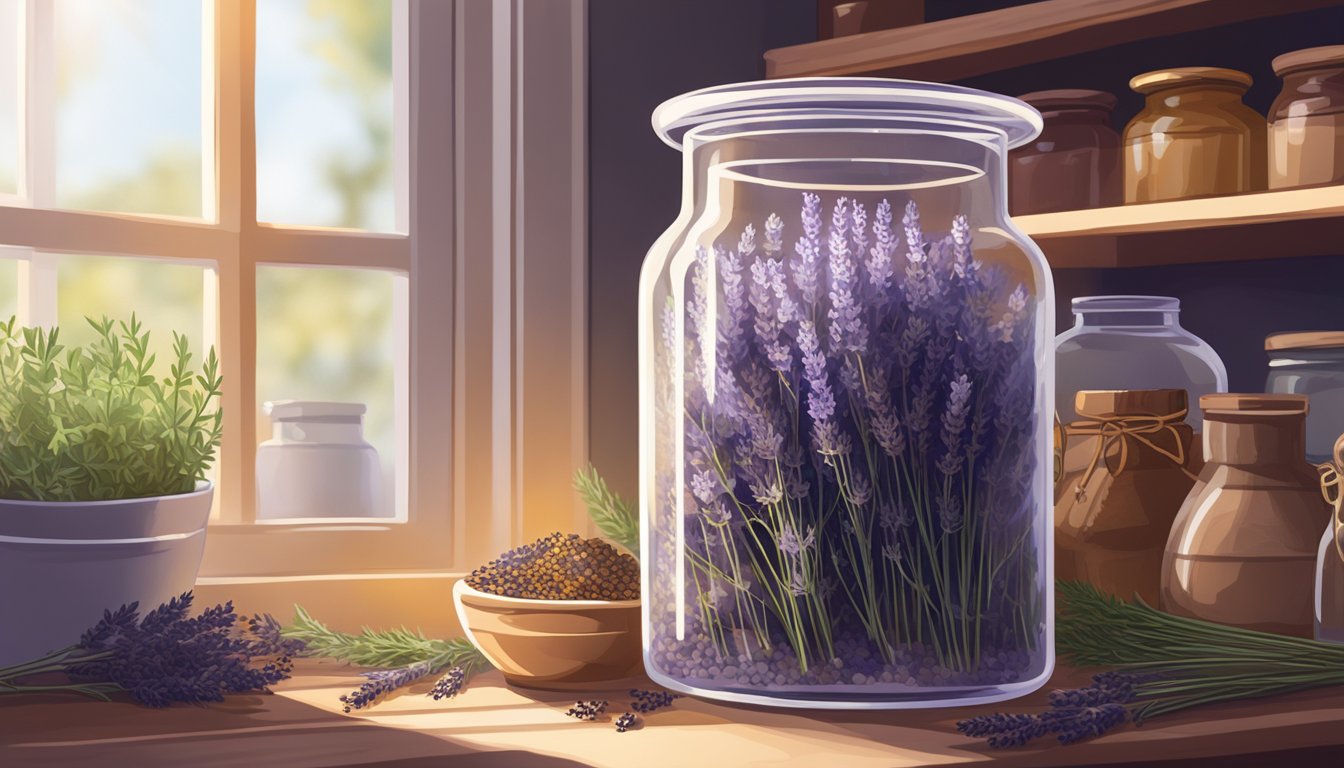 A glass jar filled with dried lavender sits on a shelf, surrounded by other herbs and spices. The sunlight streams through the window, casting a warm glow on the jar