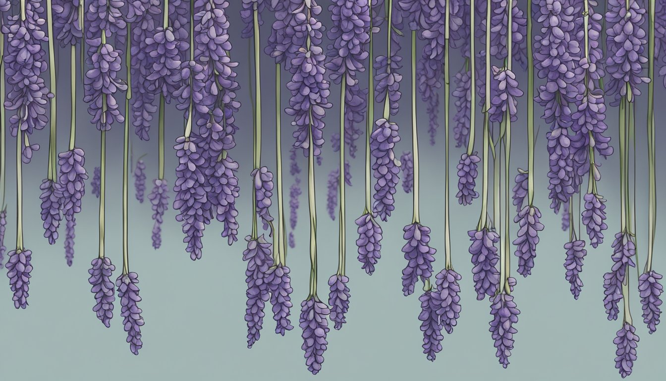 Freshly harvested lavender hanging upside down in a dry, airy space. Once dried, the lavender is removed from the stems and stored in airtight containers