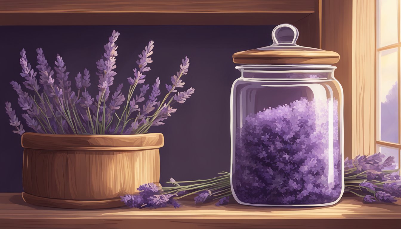 A glass jar filled with dried lavender sits on a wooden shelf, bathed in soft natural light. The lavender is still vibrant in color and emits a faint, soothing aroma