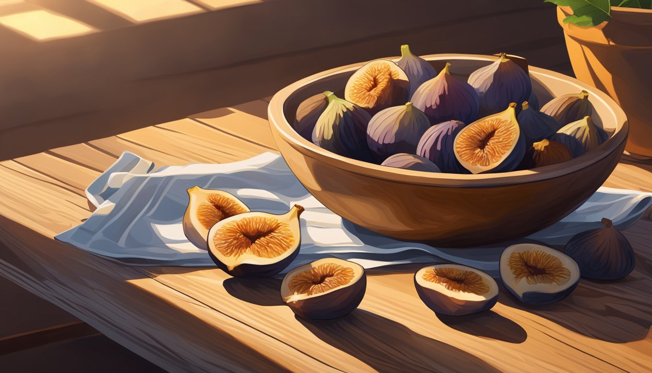 A bowl of dried figs sits on a rustic wooden table, with a few scattered fig leaves nearby. Sunlight streams in through a nearby window, casting warm, golden light on the fruit