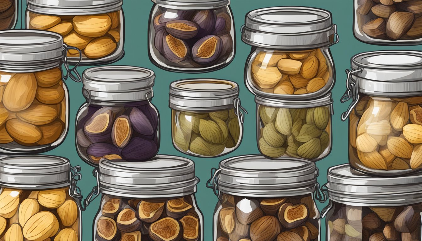 A pantry shelf with neatly arranged jars of dried figs, some open and partially used, others still sealed, with expiration dates visible