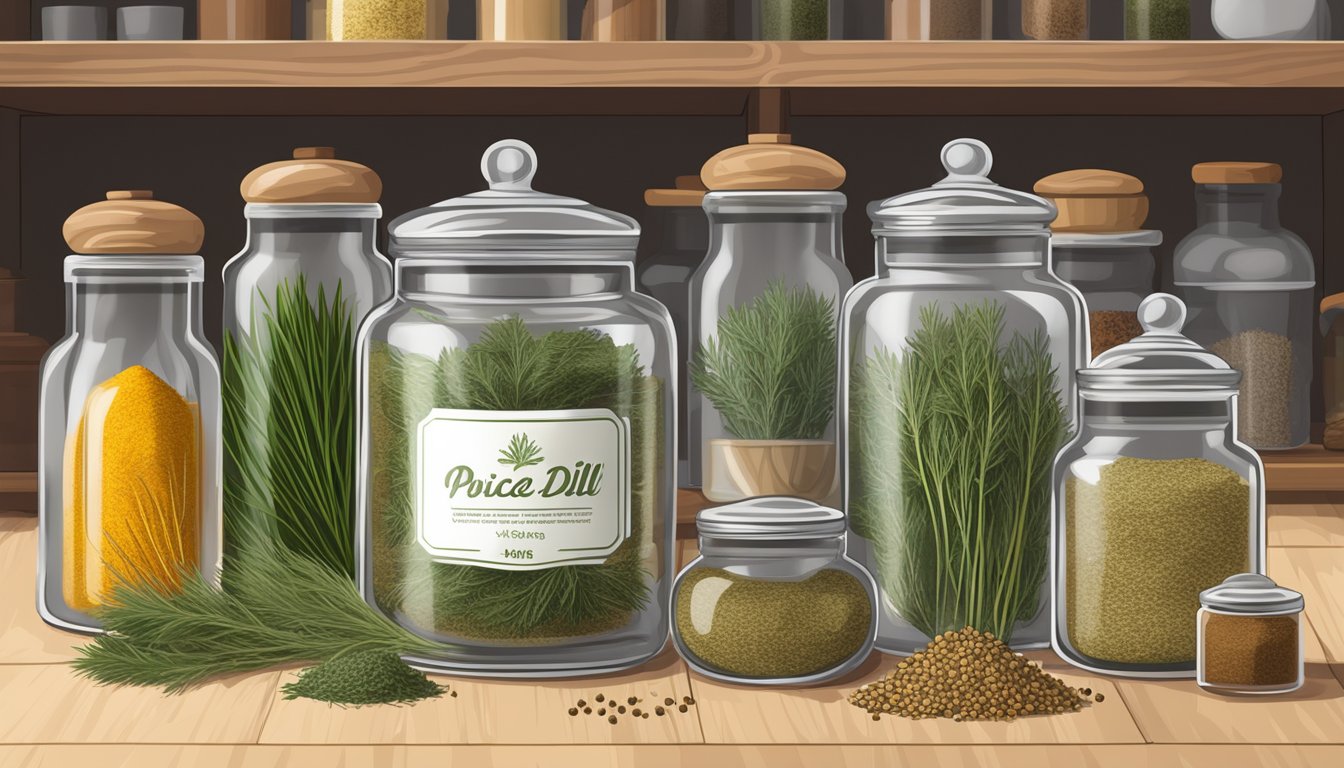 A clear glass jar filled with dried dill weed sits on a wooden kitchen shelf, surrounded by other spice containers