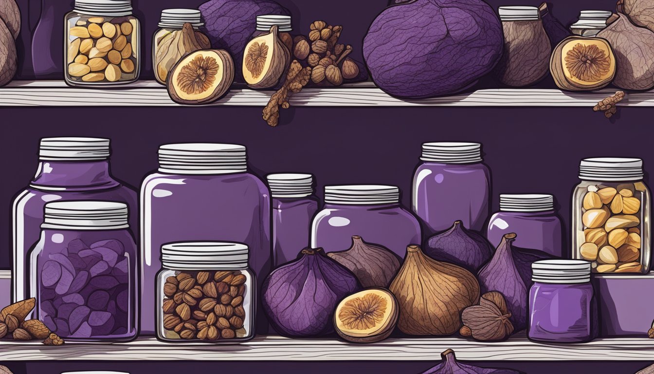 A pile of dried figs sits on a wooden shelf, surrounded by jars of spices and other dried fruits. The figs are slightly wrinkled but still retain their deep purple color