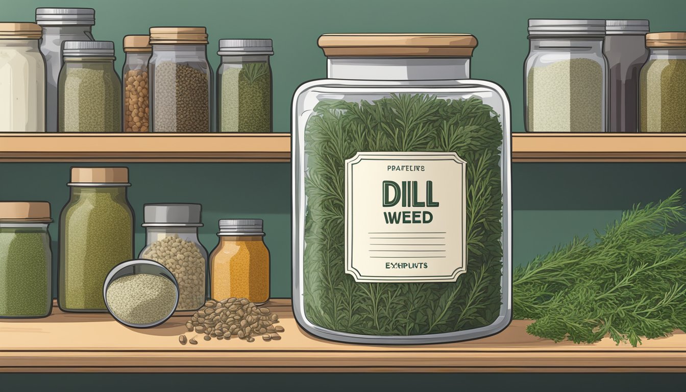 A jar of dried dill weed sits on a kitchen shelf, surrounded by other spices and herbs. The label on the jar indicates the expiration date