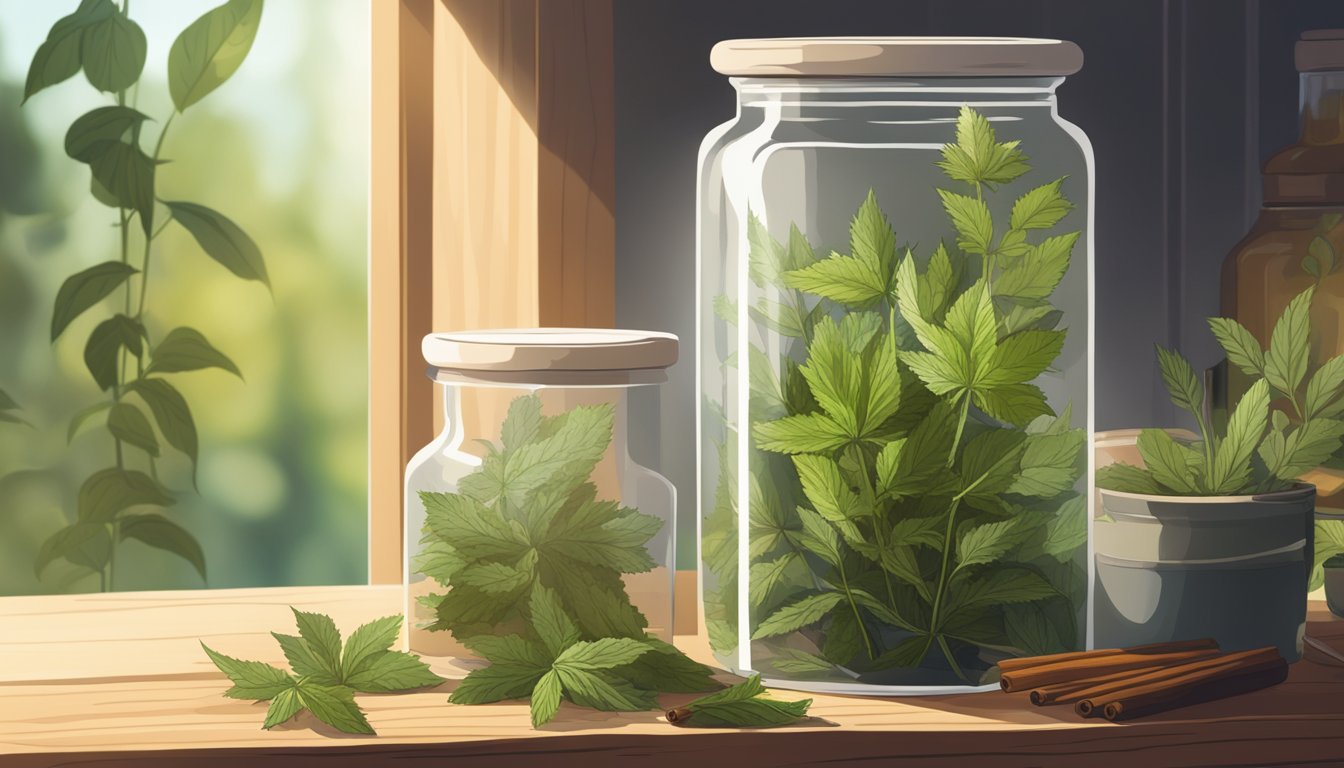 Dried nettle leaves in a glass jar on a wooden shelf, surrounded by other herbs and spices. Sunlight streaming through a nearby window illuminates the scene