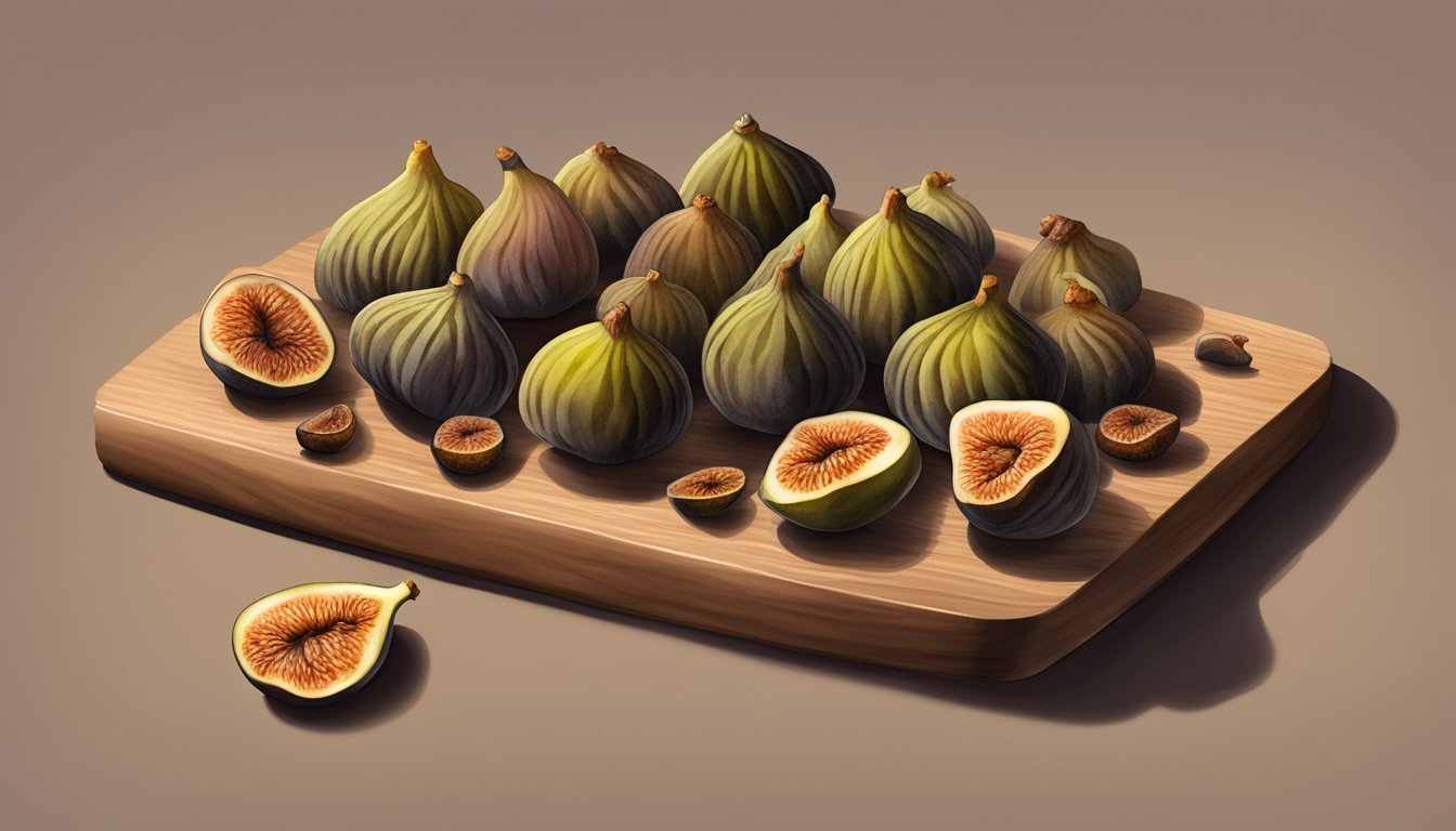 A pile of dried figs sits on a wooden cutting board, surrounded by a few that have turned moldy and dark