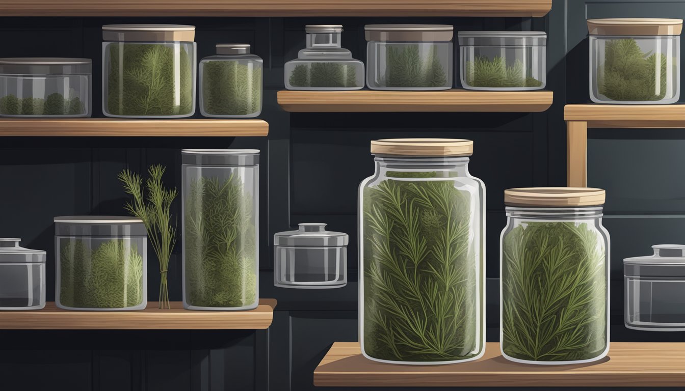 A glass jar filled with dried dill weed, sealed with a lid, placed on a shelf in a cool, dark pantry