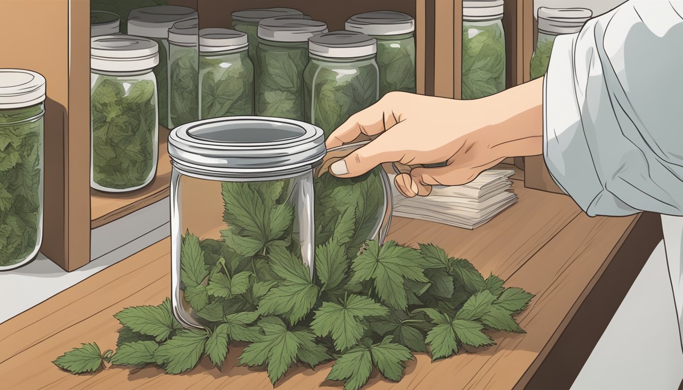 A hand reaching for a jar of dried nettle leaves on a shelf, with a calendar showing the current date in the background