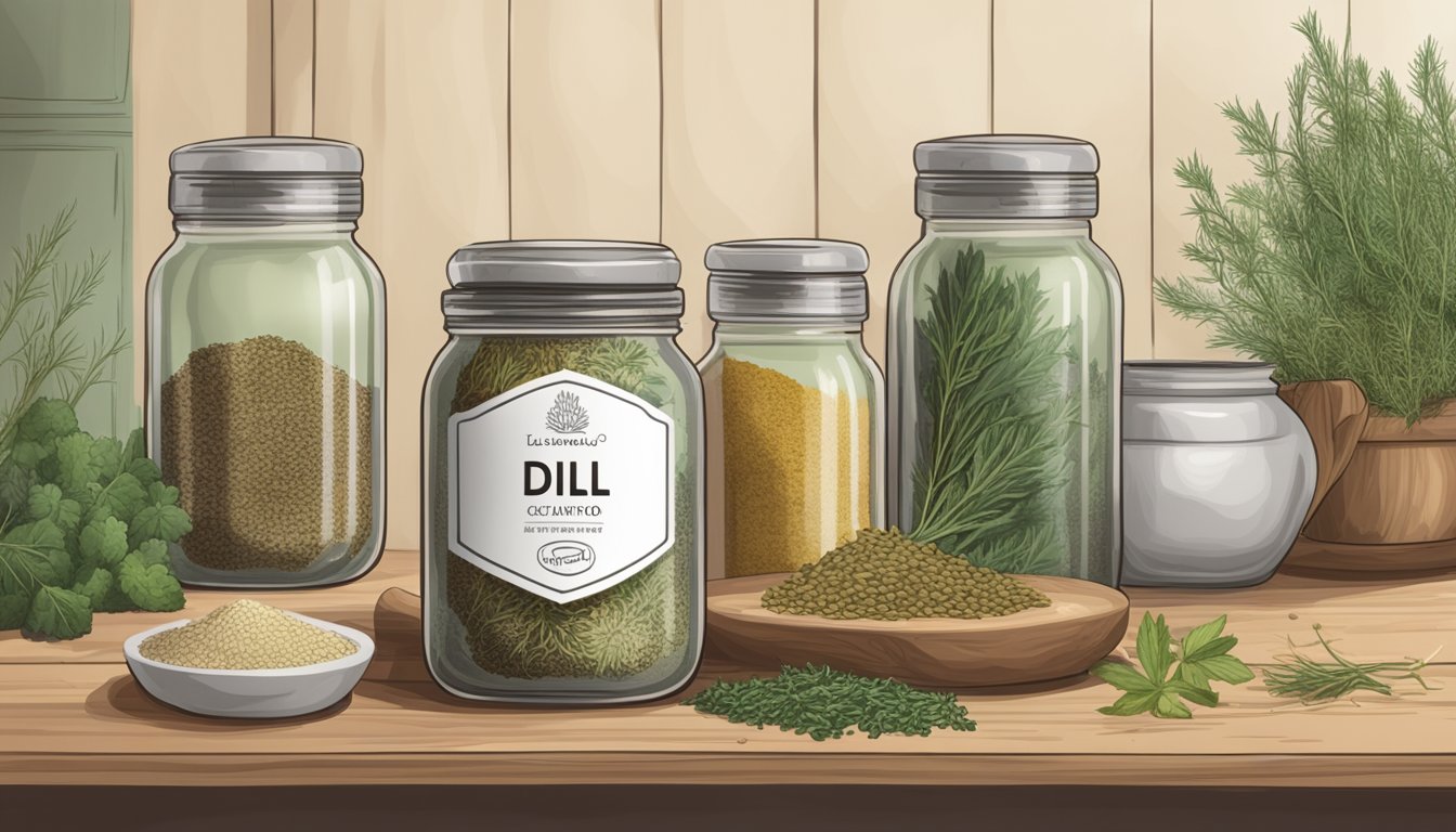 A small jar of dried dill sits on a kitchen shelf, surrounded by various spices and herbs. The label on the jar is faded, indicating it has been used for a long time