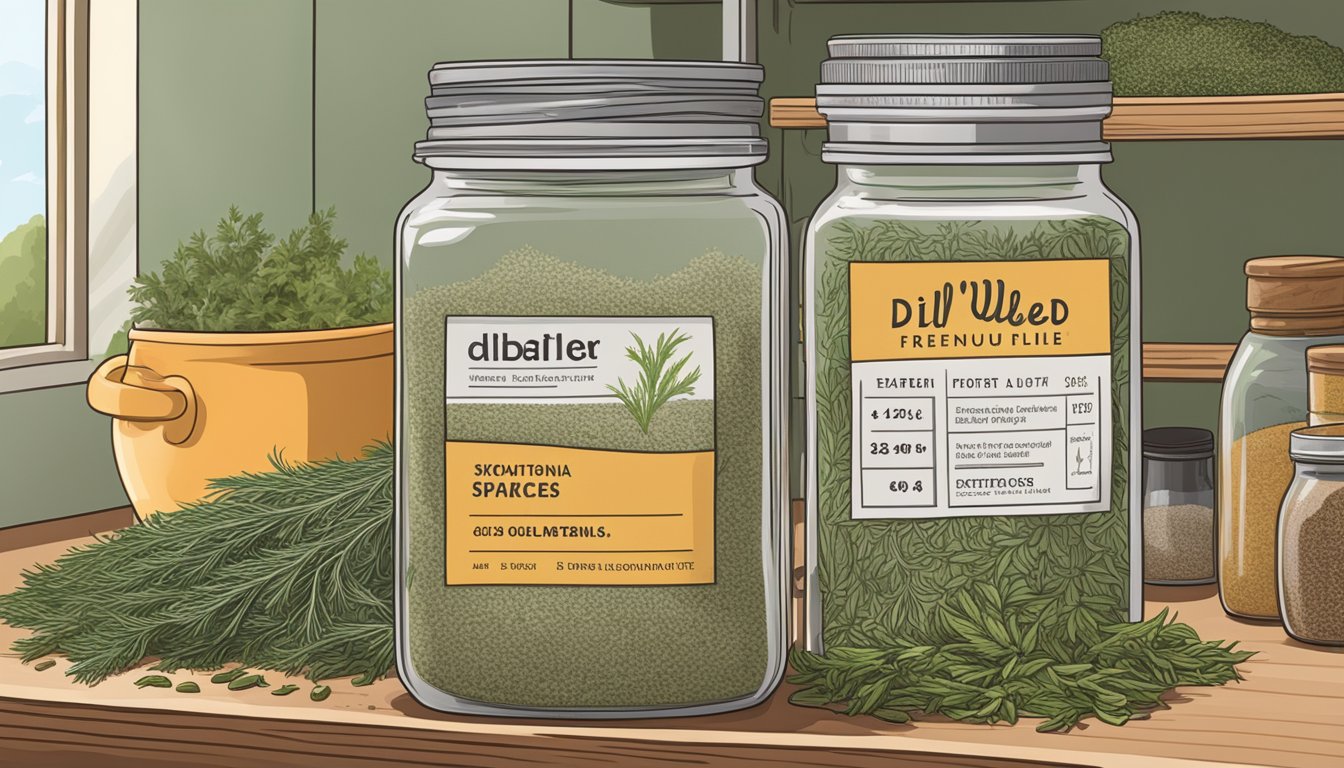 A jar of dried dill weed sits on a pantry shelf, surrounded by other spices and herbs. The label indicates the expiration date, and the jar appears unopened