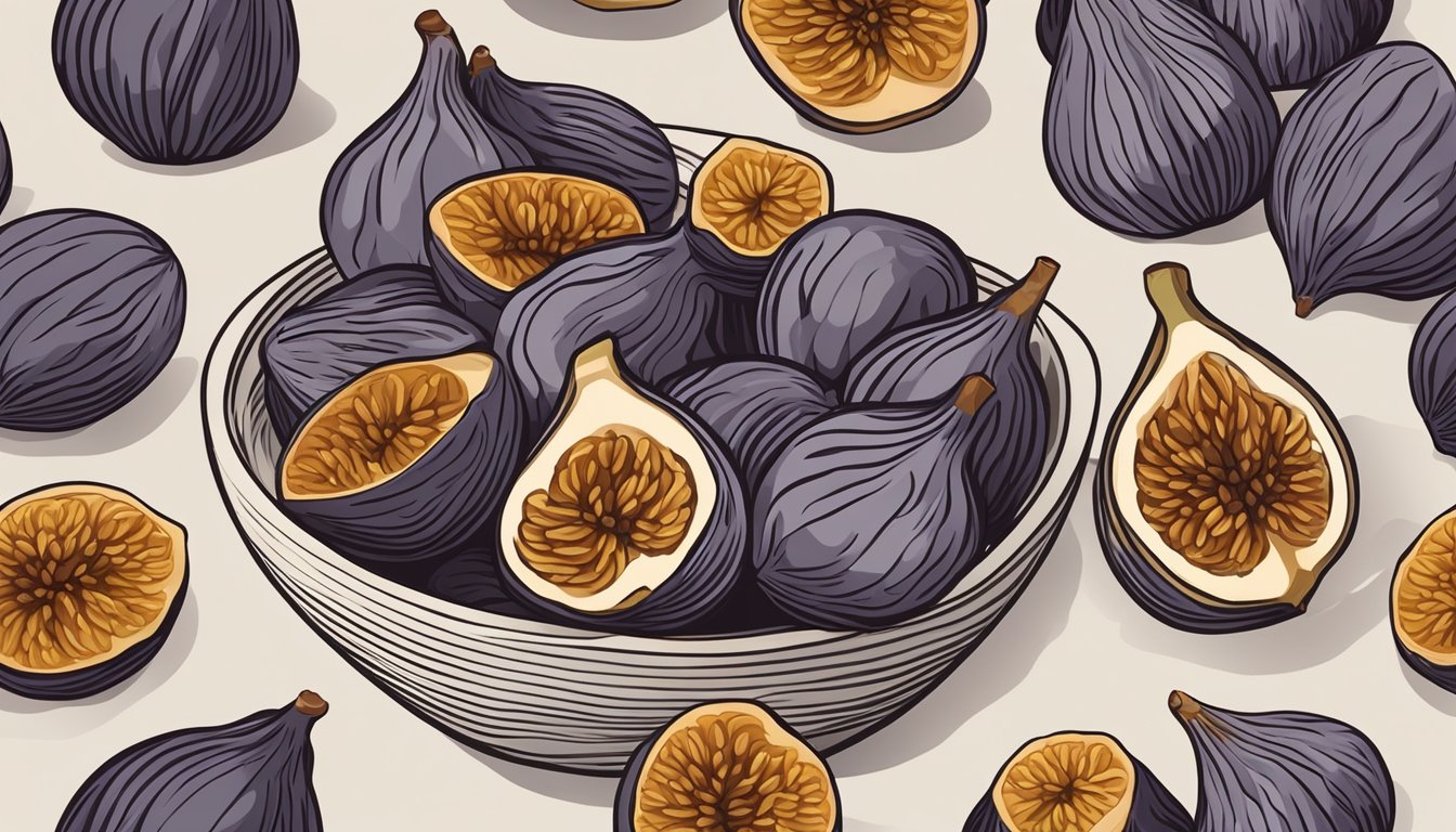 A bowl of fresh figs next to a bowl of dried figs, with the dried figs appearing shriveled and wrinkled compared to the plump and juicy fresh figs