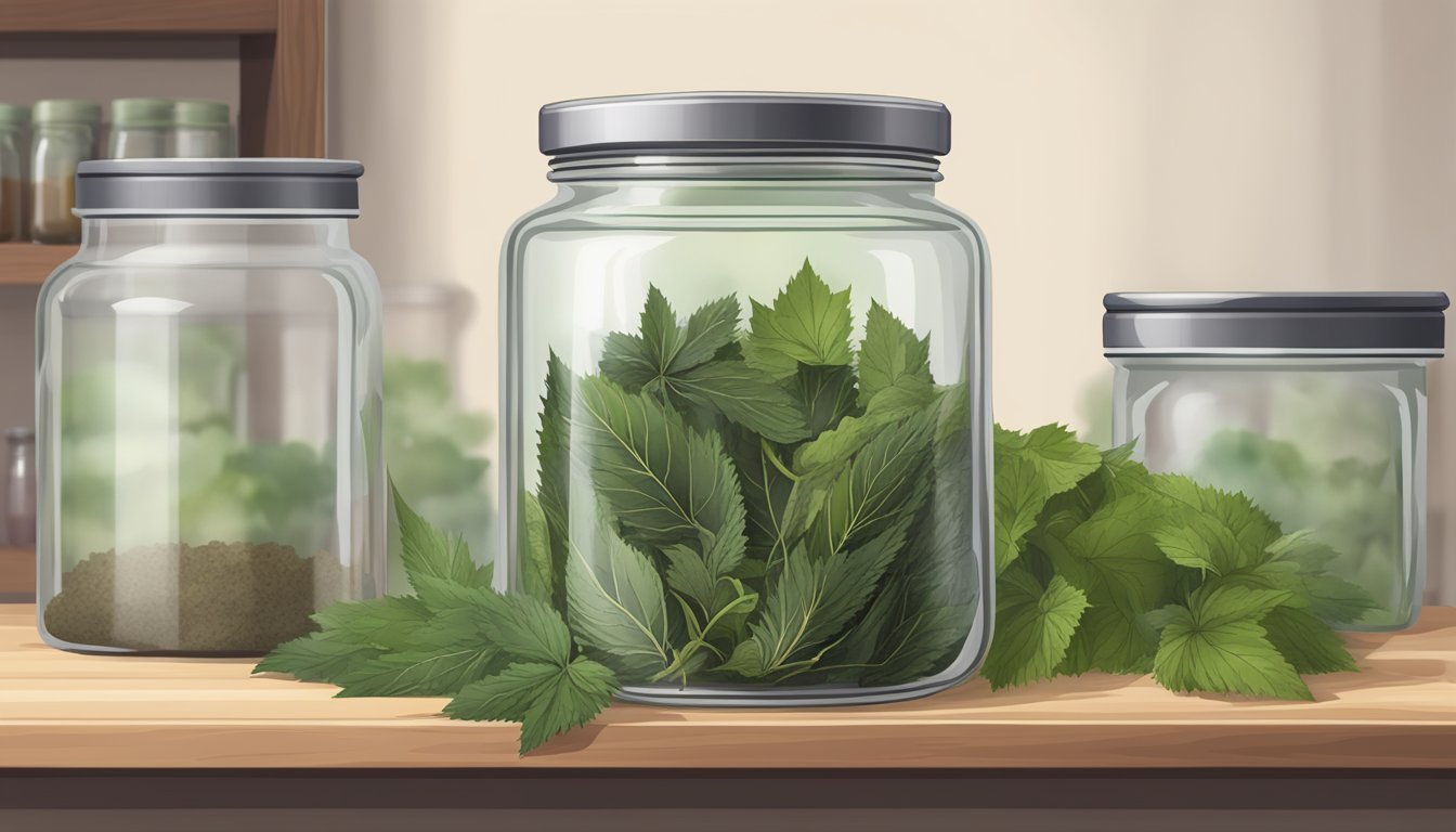 A glass jar filled with dried nettle leaves, sealed with a lid, sitting on a kitchen shelf