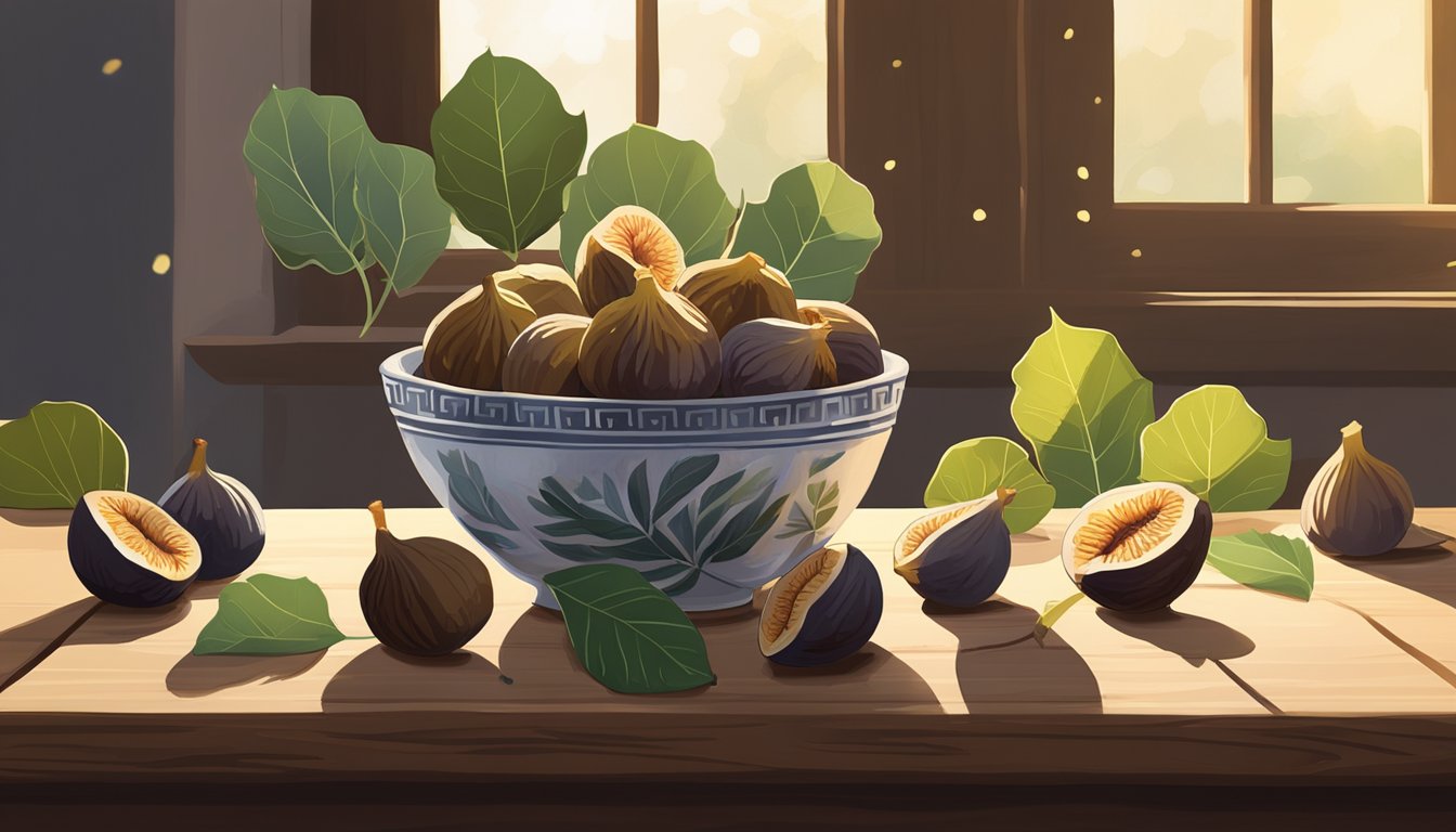 A bowl of dried figs sits on a rustic wooden table, surrounded by scattered fig leaves and a few whole figs. The warm sunlight streams in through a nearby window, casting a soft glow on the scene