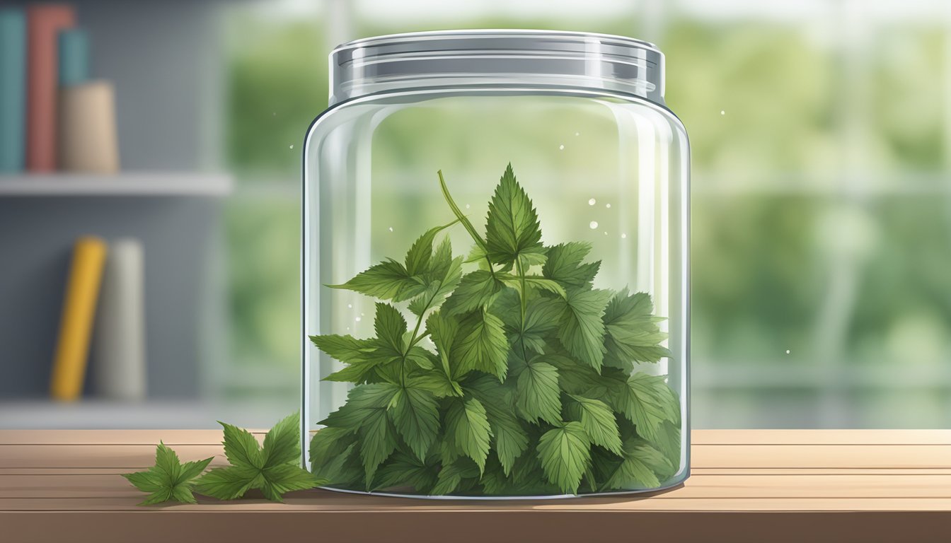 Dried nettle leaves stored in a glass jar on a shelf