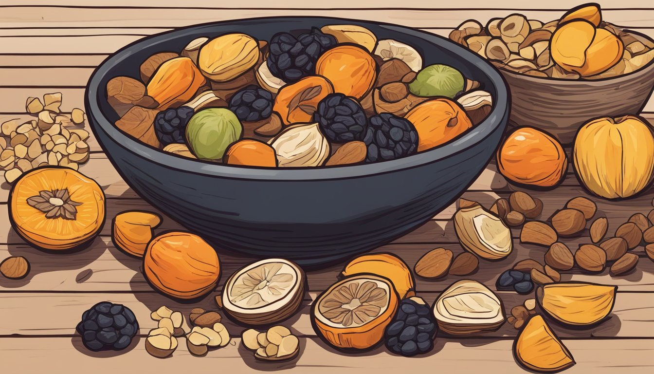 A bowl of assorted dried fruit sits on a wooden table, surrounded by a few scattered pieces. The fruit appears shriveled and slightly discolored, indicating its age