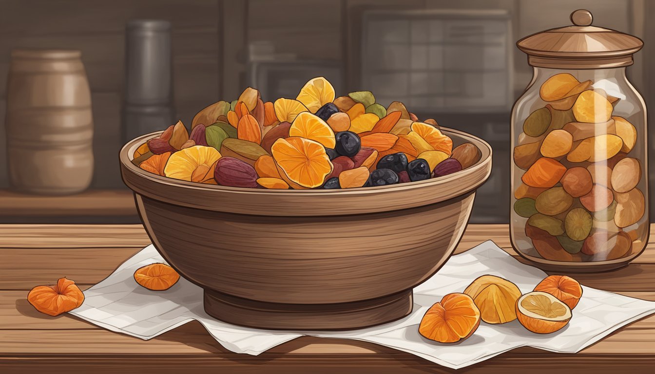 A bowl of assorted dried fruit sits on a wooden table, surrounded by scattered pieces of parchment paper and a dehydrator in the background