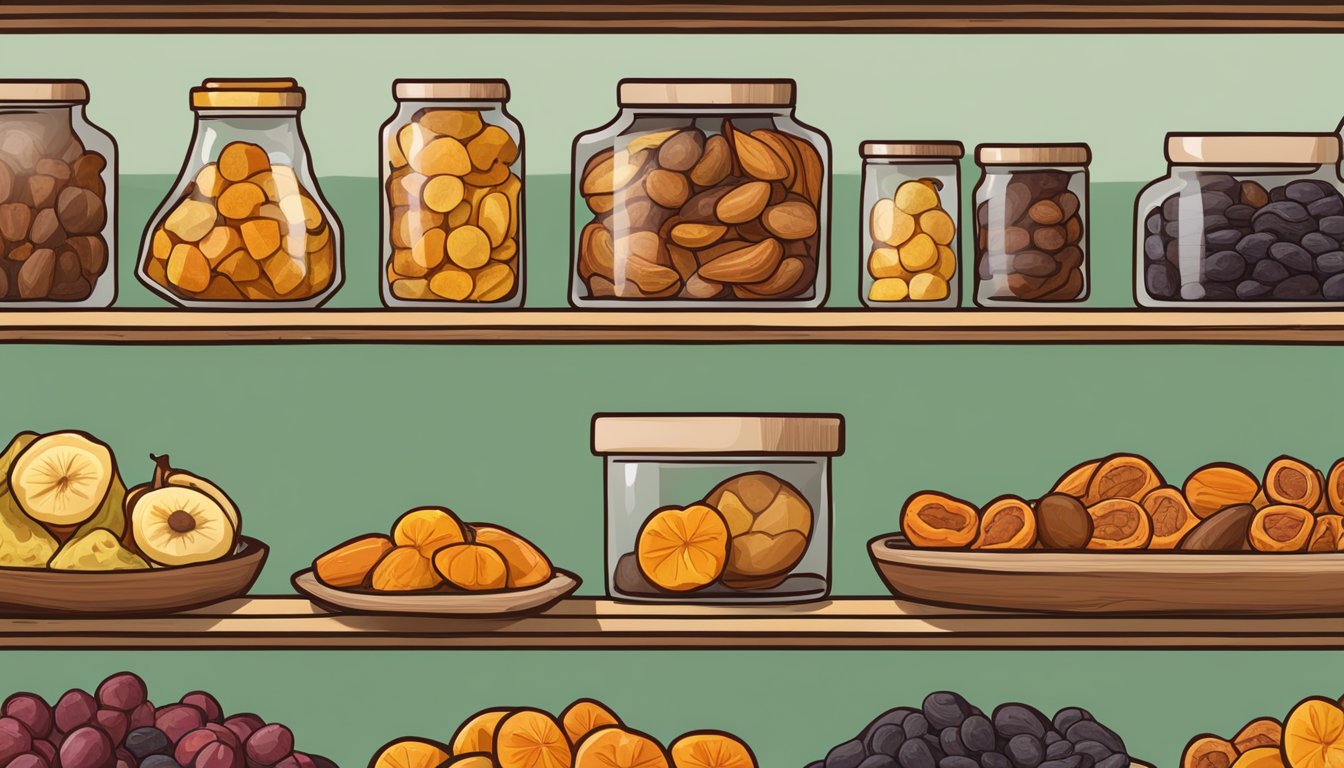 A variety of dried fruits arranged on a wooden shelf, with some showing signs of decay while others appear fresh and vibrant