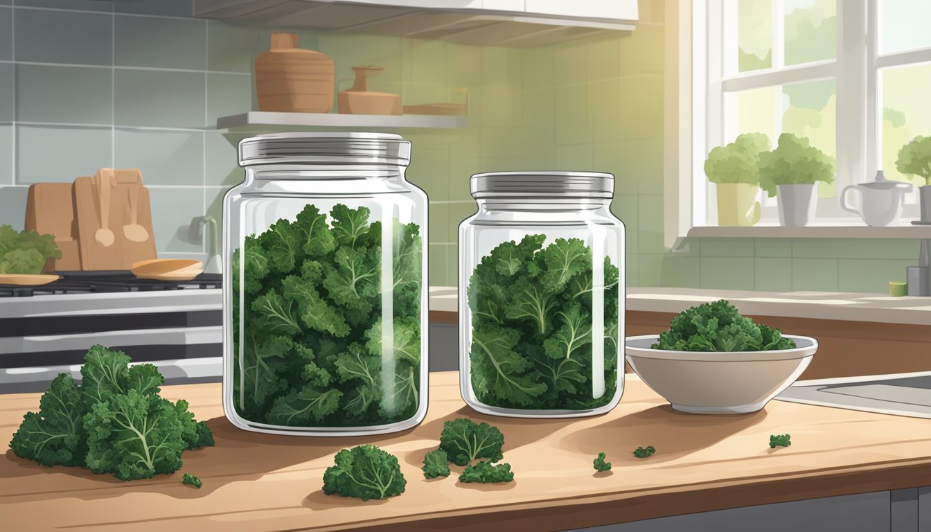 A glass jar filled with crispy kale chips sits on a kitchen counter, surrounded by fresh kale leaves and a dehydrator in the background