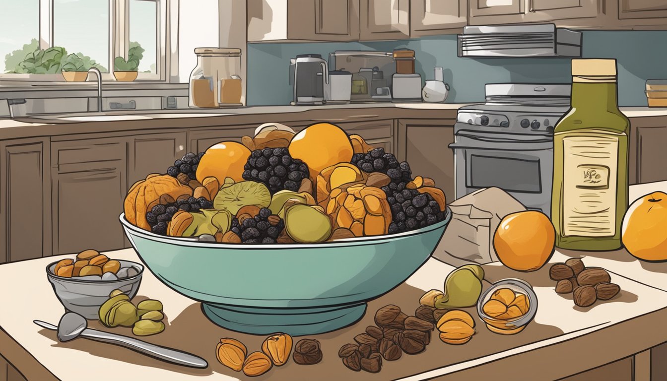 A bowl of dried fruit sits on a kitchen counter, surrounded by other pantry items. The fruit appears shriveled and slightly discolored, indicating its age