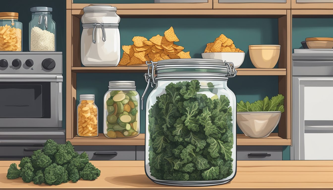 A glass jar filled with crispy kale chips sits on a kitchen shelf, surrounded by other snacks and ingredients. The chips are neatly arranged and appear to be well-preserved