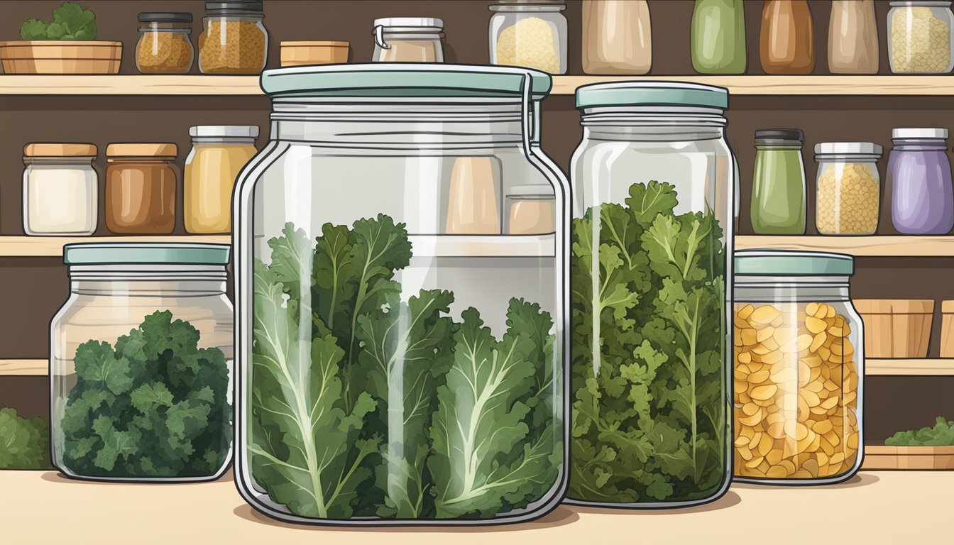 A sealed glass jar filled with dried kale chips on a kitchen shelf, surrounded by other neatly organized pantry items