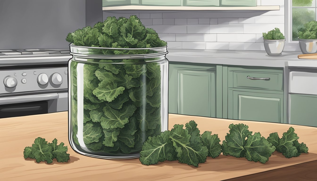 A mason jar filled with crispy kale chips, sealed tightly with a lid, sitting on a kitchen counter