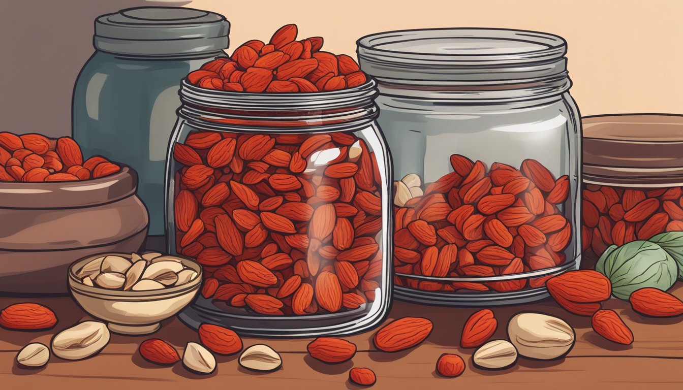 A jar of dried goji berries sits on a kitchen counter, surrounded by various other dried fruits and nuts. The berries are plump and vibrant red, with a slightly wrinkled texture