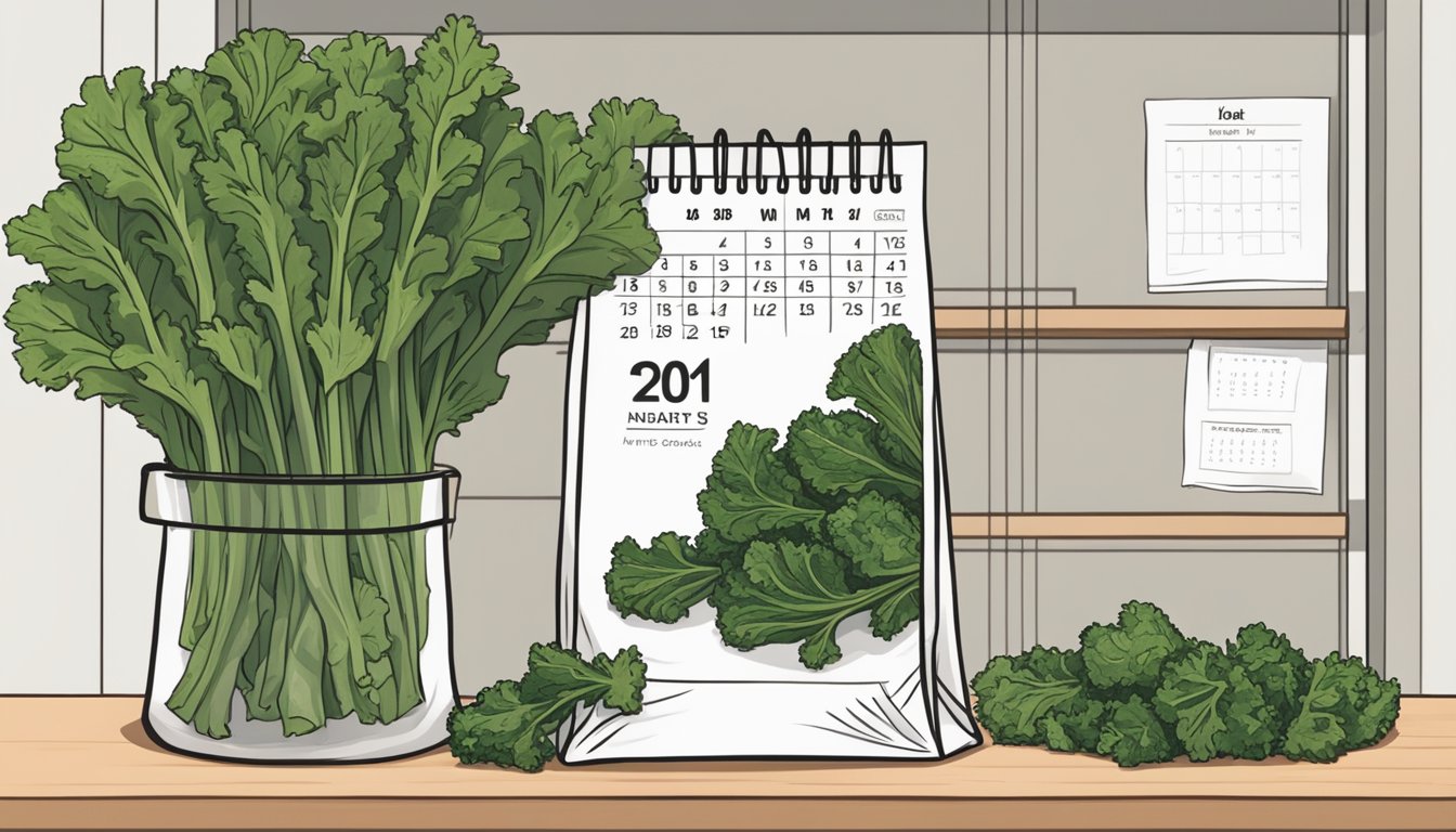 A sealed bag of dried kale chips sits on a shelf next to a calendar, with a date circled in red