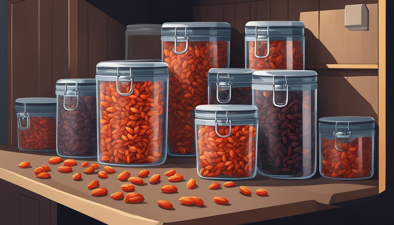 Airtight container with dried goji berries stored in a cool, dark pantry