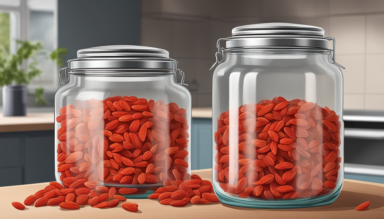 A glass jar filled with dried goji berries, sealed with a lid, sitting on a kitchen counter