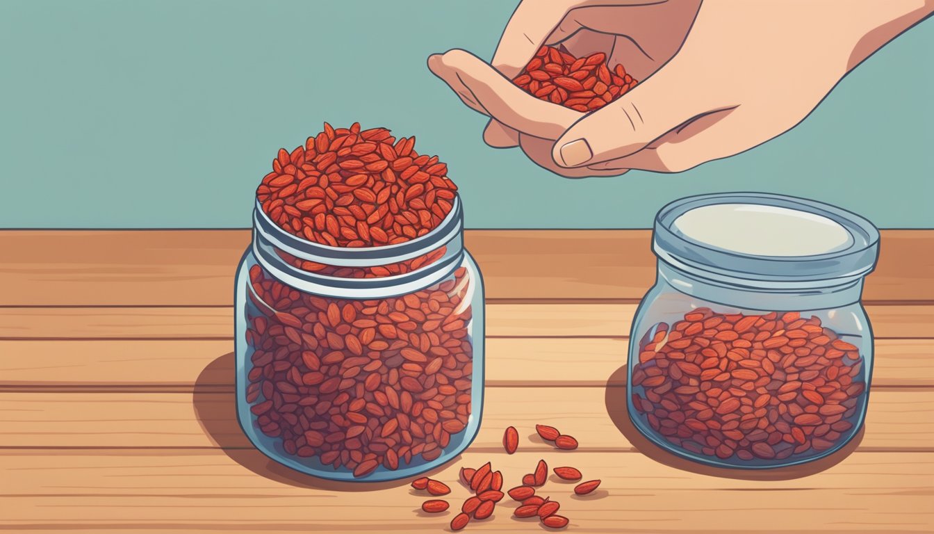 A glass jar filled with dried goji berries sits on a wooden countertop, next to a small bowl of the berries. A person's hand reaches for a handful of the berries from the bowl