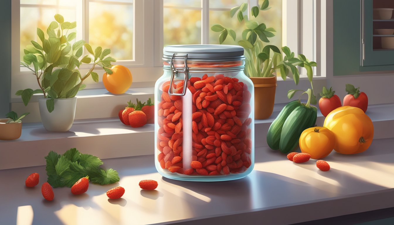 A jar of dried goji berries sits on a kitchen counter, surrounded by fresh fruits and vegetables. The sunlight streams in through the window, casting a warm glow on the berries