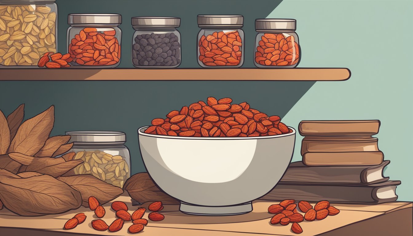 A bowl of dried goji berries sits on a shelf, surrounded by other dried fruits. The berries appear shriveled and slightly wrinkled, indicating their age and preservation