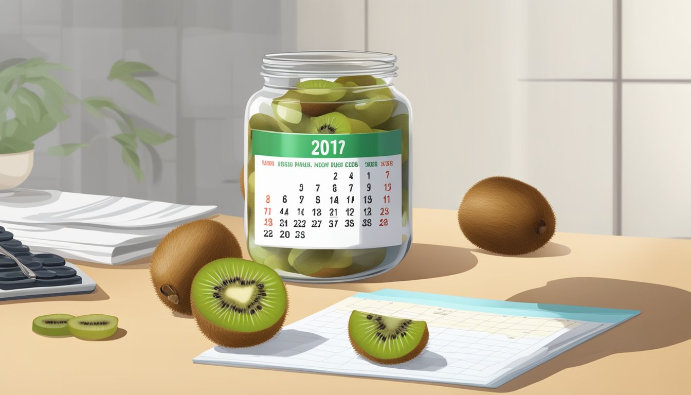 A jar of dried kiwi slices sits on a kitchen counter next to a calendar showing the current date and an open package of the dried fruit