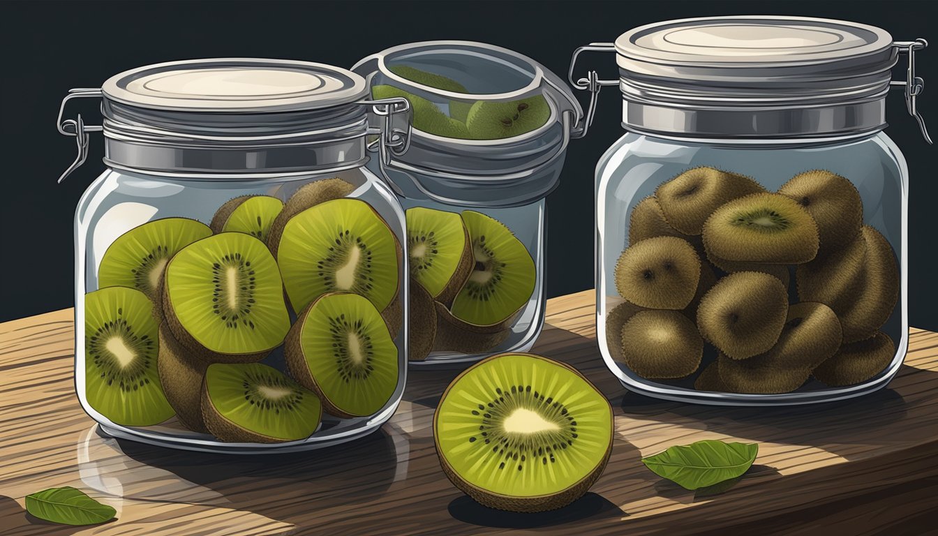 Airtight container with dried kiwi slices, stored in a cool, dark pantry