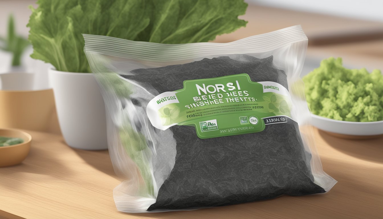 A sealed package of dried nori sheets sits on a kitchen counter, with a best before date clearly visible