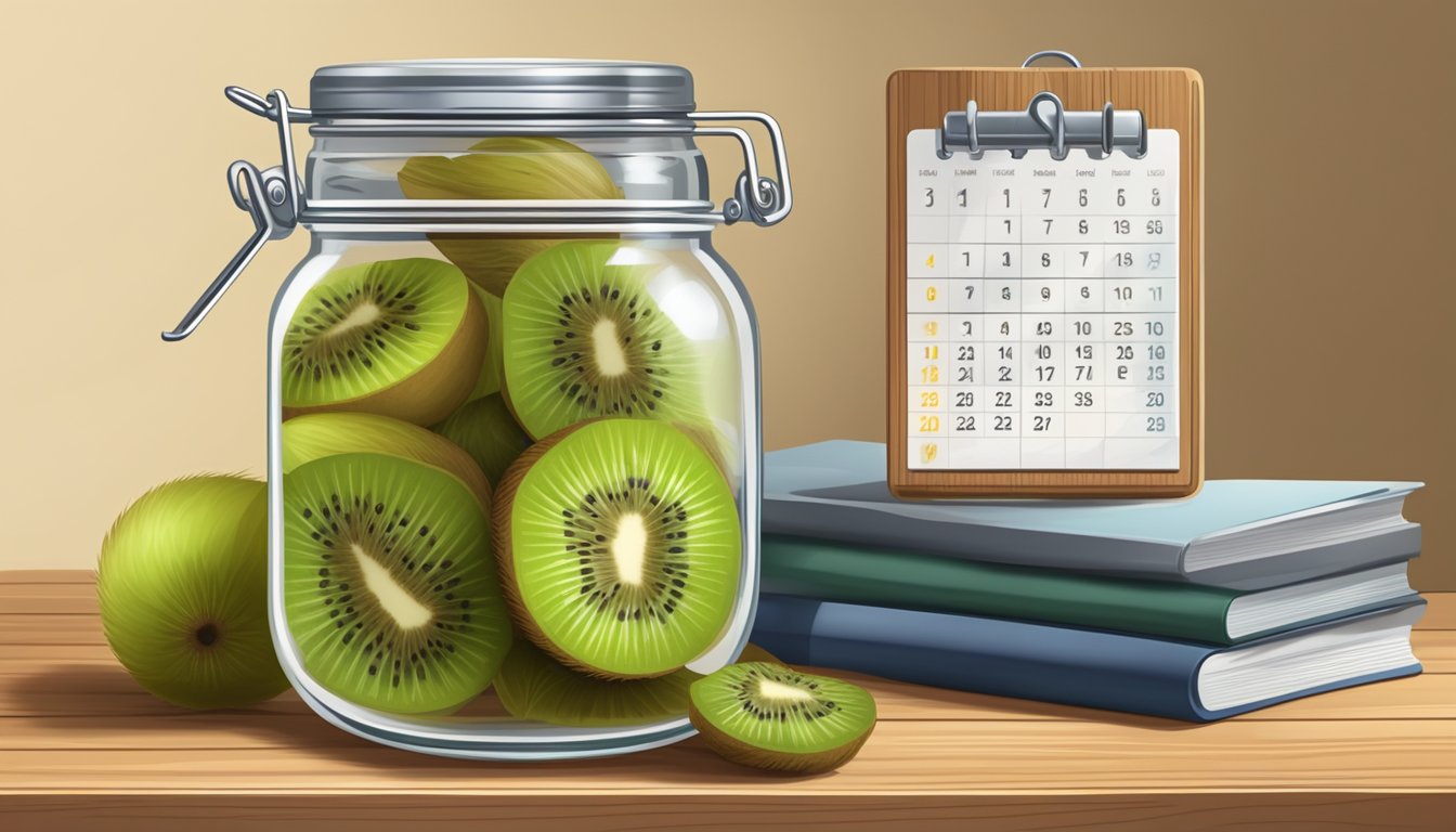 A clear glass jar filled with dried kiwi slices, sealed with a lid, placed on a wooden shelf next to a calendar and a temperature gauge