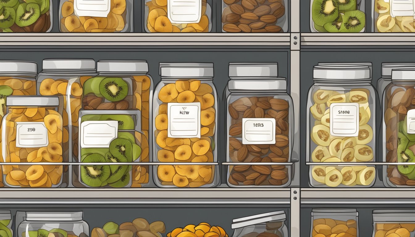 Dried kiwi slices in a sealed container, with a date label, surrounded by other preserved fruits and nuts on a pantry shelf