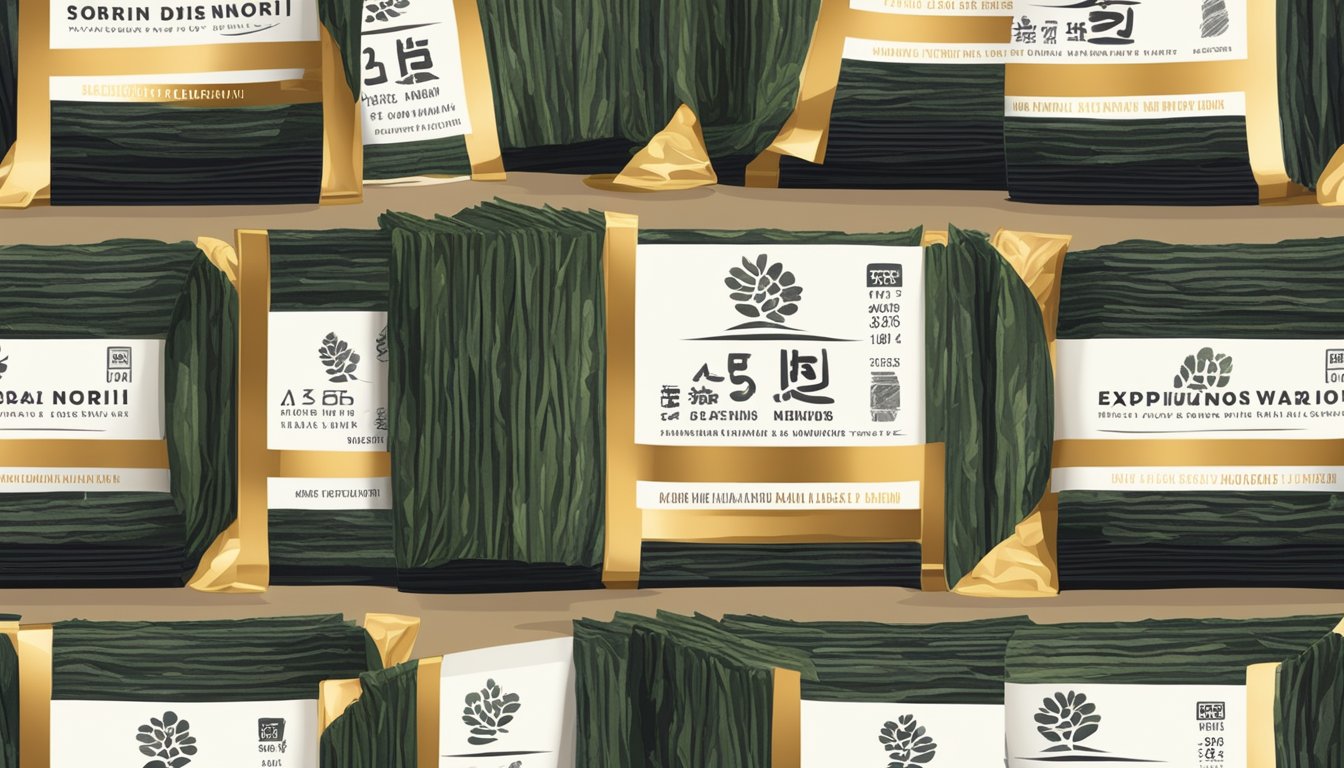 A stack of dried nori sheets with expiration date label