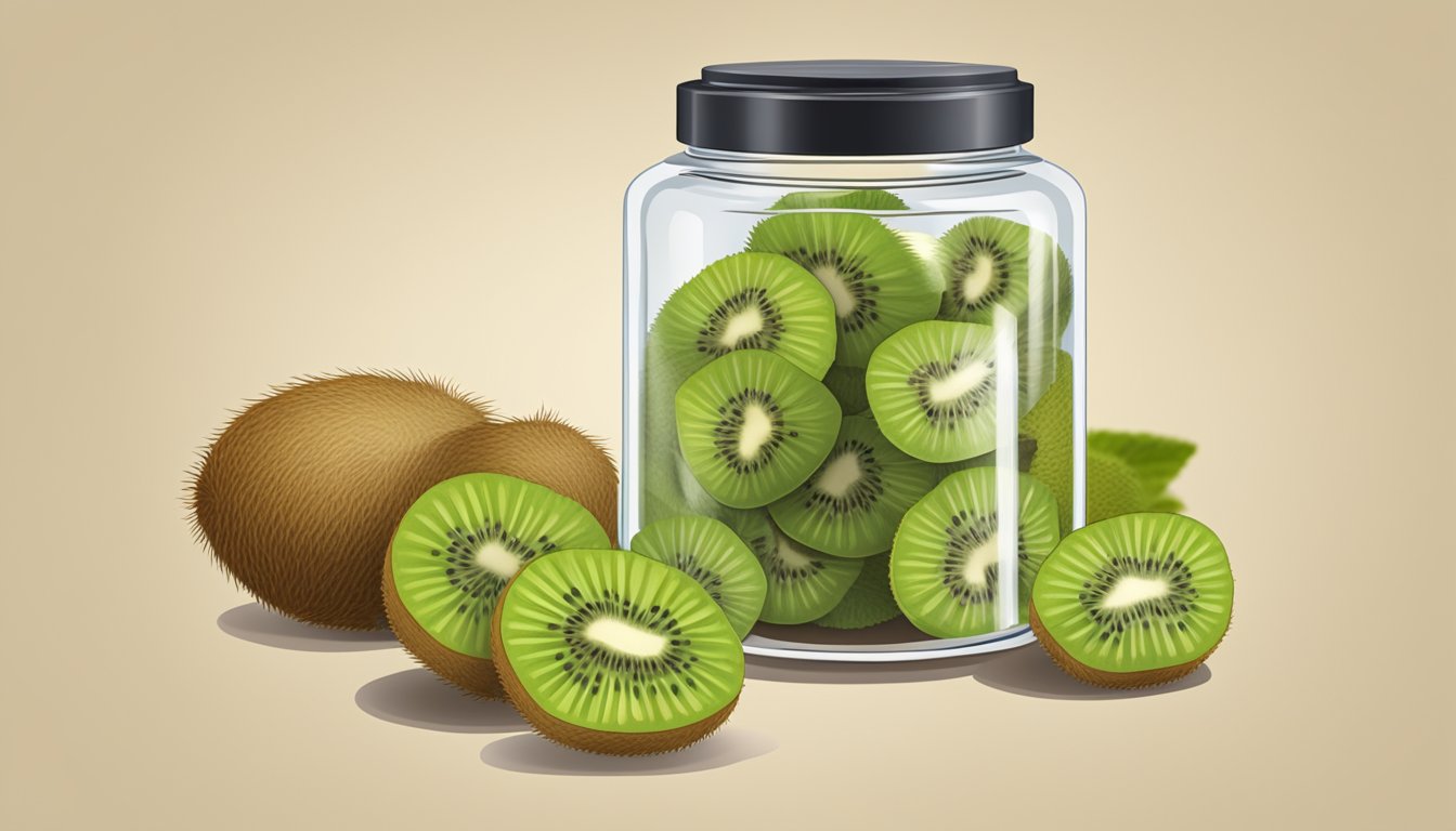 A glass jar filled with dried kiwi slices, sealed with a lid. A calendar with a date marked in the background